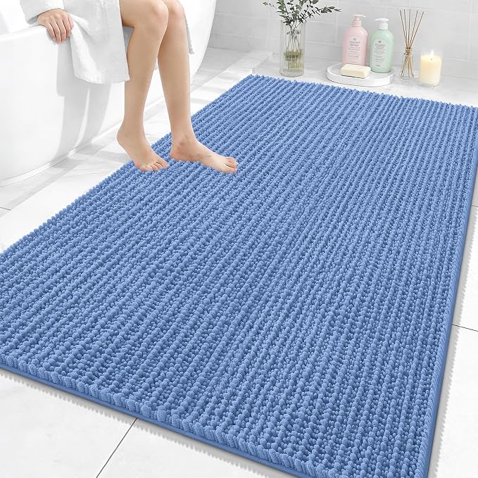 OLANLY Bathroom Rug Mat 59x35, Thick Soft and Absorbent Chenille Bath Mat, Non-Slip Rubber Backing, Machine Washable Quick Dry Bath Rugs for Tub Shower Floor, Home Decor Accessories, Cornflower Blue