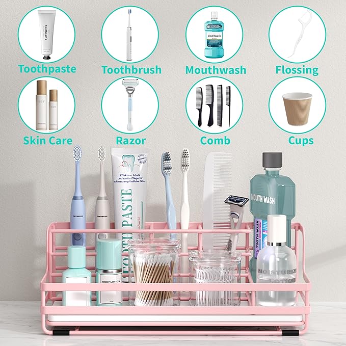 HapiRm Toothbrush Holders for Bathroom - 5 Partitions Bathroom Counter Organizer with Instant Drying Stone, Stainless Steel Countertop Storage Electric Toothbrush Toothpaste Holder - Pink