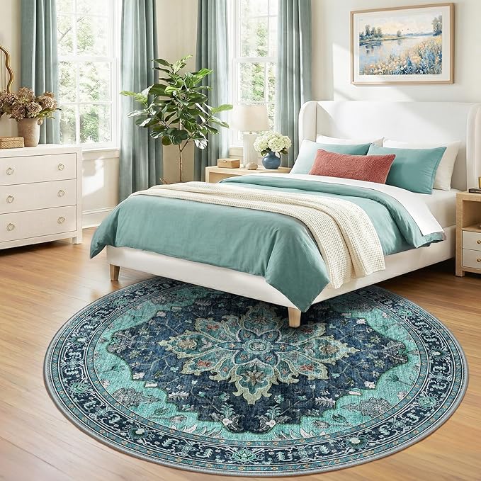 RELEANY Area Rugs Round 8ft Washable Non-Slip, Floral Vintage Distress Medallion Carpet for Living Room Bedroom Dining Room, Teal Green Lake Blue Turquoise
