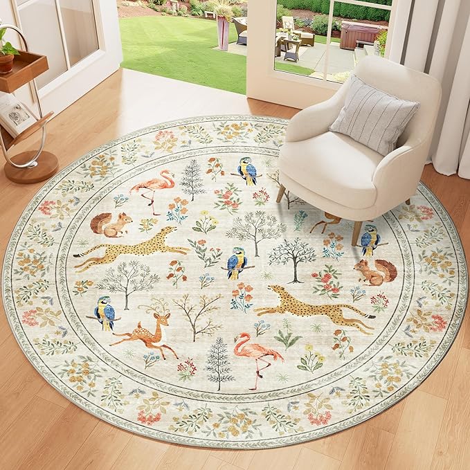DUKINO 4ft Round Rug, Washable Round Area Rug, Non Slip Indoor Low Pile Animal Design, Soft Small Vintage Circle Carpet for Bedroom, Entryway, Living Room, Dining Room, Beige