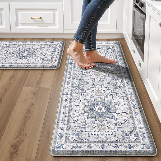 Boho Kitchen Mats for Floor 2 Piece Set Anti Fatigue Cushioned PVC Kitchen Rugs Non Slip Waterproof Farmhouse Mats 2/5 Inch Comfort Standing Mat for Sink, Laundry, 17.3"x59"+17.3"x28", Blue Grey