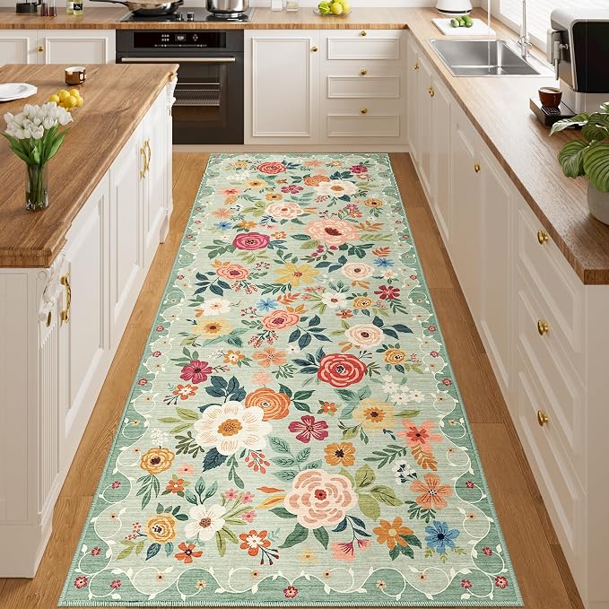 DUKINO 3x8 Runner Rug, Washable Rug for Kitchen with Non Slip Backing, Soft Non Shedding & Low Pile Design Long Floor Carpet Runner for Hallway, Bathroom, Entryway, Laundry, Green