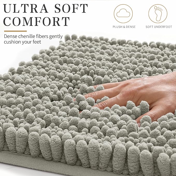 Yimobra Bathroom Rugs Non Slip Washable - Ultra Soft Absorbent Chenille Bath Mat, Quick Dry Shaggy Floor Carpet for Tub Shower, Sand Home Decor Accessories, 24x17 Inch