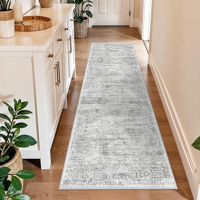 Runner Rug 2x8 Washable Hallway: Non Slip Kitchen Runners with Rubber Backing Vintage Farmhouse Neutral Boho Cream Soft Carpet for Bathroom Bedroom Entryway, Grey/Ivory