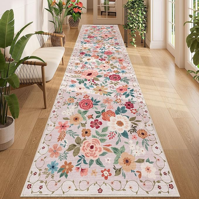 DUKINO 3x12 Washable Runner Rug, Non Slip Soft Floral Hallway Runner Rug with Non Shedding Design, Low Pile Long Floor Carpet for Kitchen, Hallway, Bathroom, Entryway, Laundry, Beige