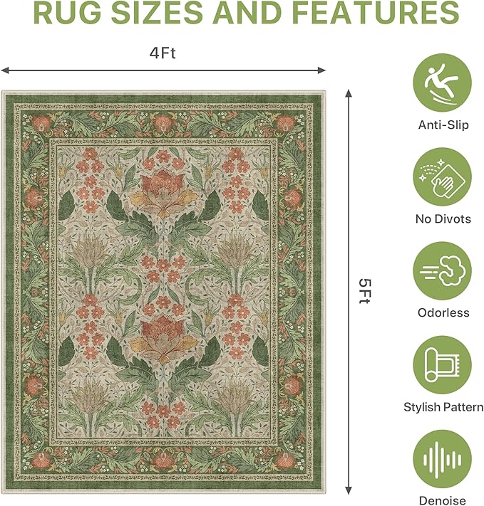 48"x60" Office Chair Mat for Hardwood Tile Floor, Under Desk Carpet Protector for Rolling Computer Chair Mat, Machine Washable Area Rug, Anti-Slip 1/5" Thick Low Pile Thin Vinyl Floor Mat, Sage Green