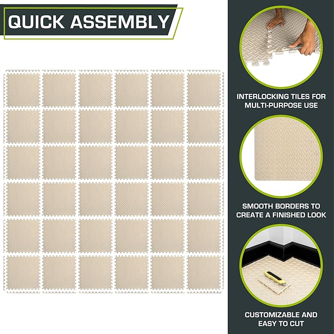 ProsourceFit Exercise Puzzle Mat 1/2-inch, EVA Interlocking Foam Floor Tiles for Home Gym, Workout Equipment, Kids Play Areas, Beige, 144 Sq Ft - 36 Tiles