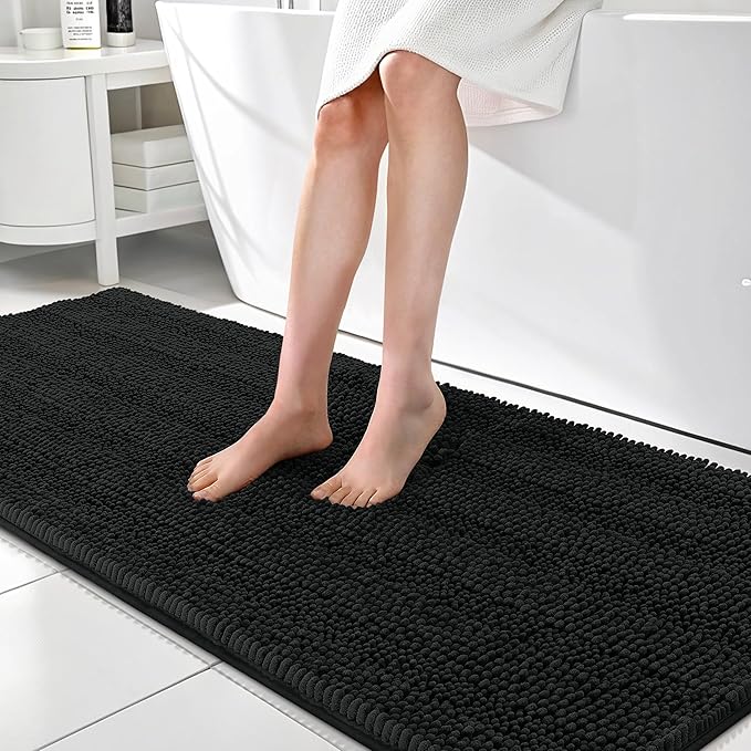 OLANLY Thick Bathroom Runner Rugs 70x24, Absorbent Chenille Striped Bath Rugs, Rubber Backing, Machine Wash Dry, Extra Long Bath Mats for Bathroom Floor, Tub and Shower, Home Decor Accessories, Black
