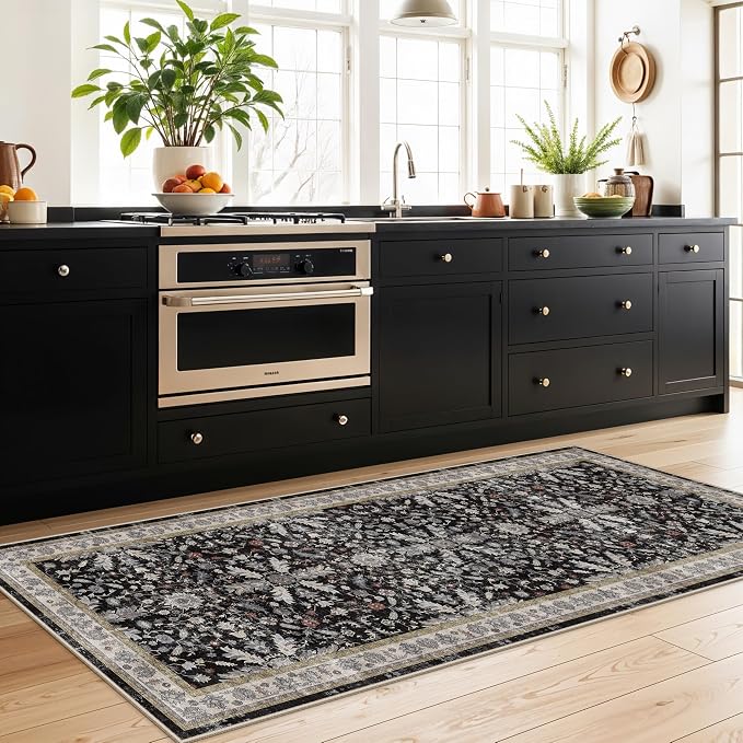 3x8 Hallway Runner Rug Washable Non-Slip – Boho Floral Soft Wide Carpet Runner for Kitchen Entryway Bathroom Bedroom – Low-Pile Thin Floor Mat with Rubber Backing (Black,3x8)