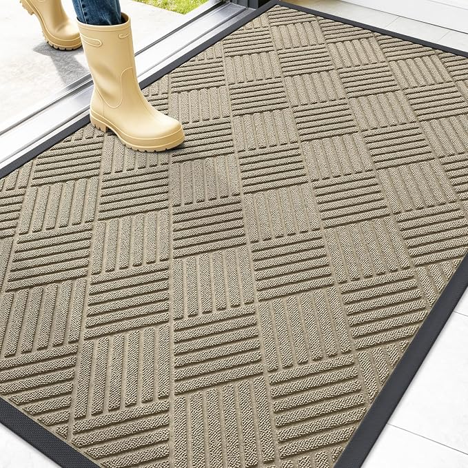 OLANLY Front Door Mat Outside Entrance 47x32, Absorbent, Heavy Duty Sturdy Natural Rubber Doormat Indoor Outdoor, Stain and Fade Resistant, Non-Slip Low Profile Floor Mat for Entryway, Beige Diamond