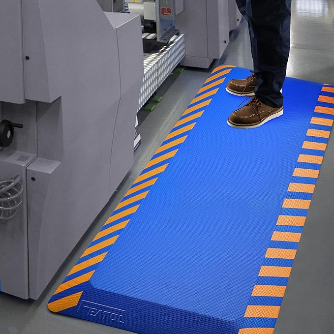 FEATOL Anti Fatigue Mat Industrial, Ergonomic Standing Floor Mat for Work for Stand, Safety Support for Leg & Back Pain(Blue with Yellow Border, 17" x 24", 2PC)