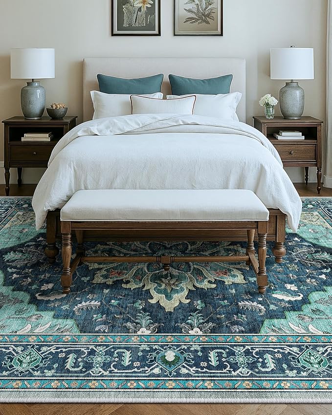RELEANY Area Rugs Large 9'x12' Washable Non-Slip, Floral Vintage Distress Medallion Carpet for Living Room Bedroom Dining Room, Teal Green Lake Blue Turquoise