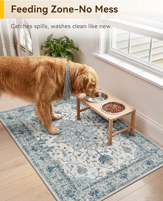 RELEANY Area Rugs Small 2'x3' Washable Non-Slip, Floral Vintage Distress Medallion Carpet for Kitchen Entryway Bathroom, Light Blue Navy Gray White