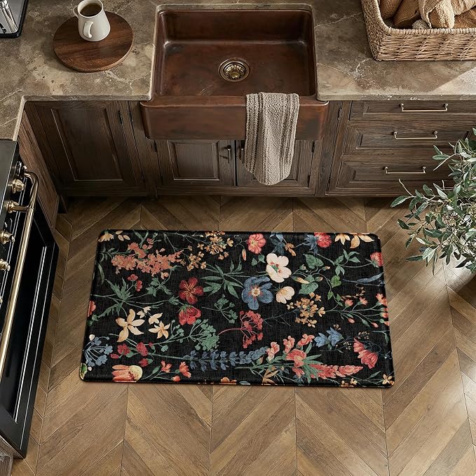 PureCozy Kitchen Mats 2PCS Anti Fatigue Cushioned Mat Non Slip Floral Boho Kitchen Mats for Floor Waterproof Comfort Standing Black Rug for Sink Laundry Office Desk 17.3"x59"+17.3"x30"