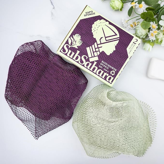 SubSahara Authentic African Net Sponge - 2 Pieces Exfoliating Scrubber for All Skin Types, Bath Sponge for Face & Body, Travel Portable, Durable, Gentle Exfoliation (Berry & Sage Green)