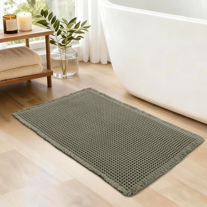 JIUZHEN Upgraded Waffle Bath Mat Super Absorbent Bath Mats for Bathroom Floor Machine Washable Non Slip Waffle Rugs with Rubber Backed Ultra Soft Bathroom Mats,16" x 24", Olive Green