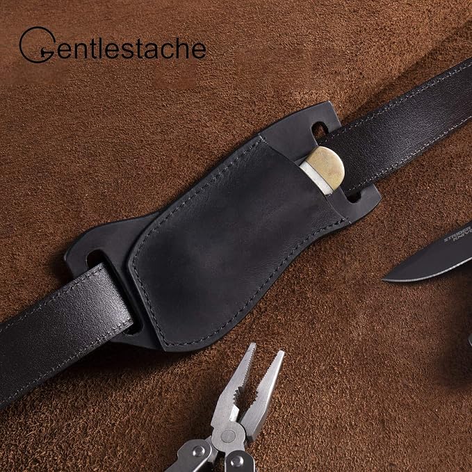 Gentlestache Leather Pocket Knife Sheath for Belt, Folding Knife Holster, EDC Belt Sheath, Compact Draw Black