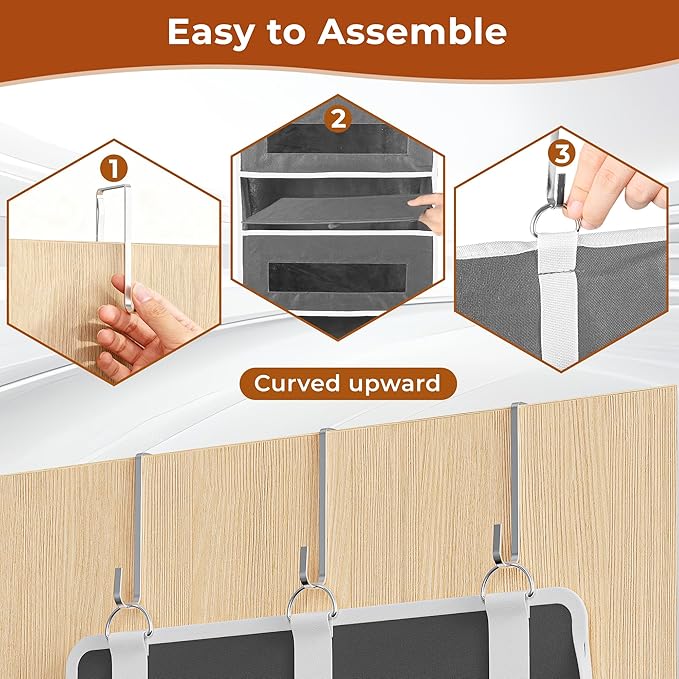 3 Pack 5 Tier Over The Door Organizer - Large Capacity Behind Door Hanging Shelves with 10 Mesh Pockets and Clear Windows, Closet Organizers and Storage for Bathroom, Bedroom, Nursery, Grey