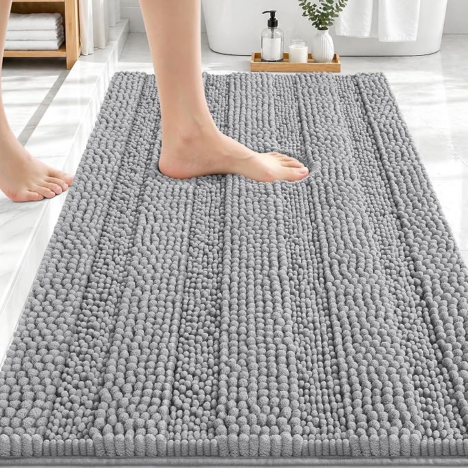 OLANLY Thick Bathroom Rugs 30x20, Extra Soft Absorbent Chenille Striped Bath Rugs, Rubber Backing, Machine Wash Dry, Bath Mats for Bathroom Floor, Tub and Shower, Home Decor Accessories, Light Grey