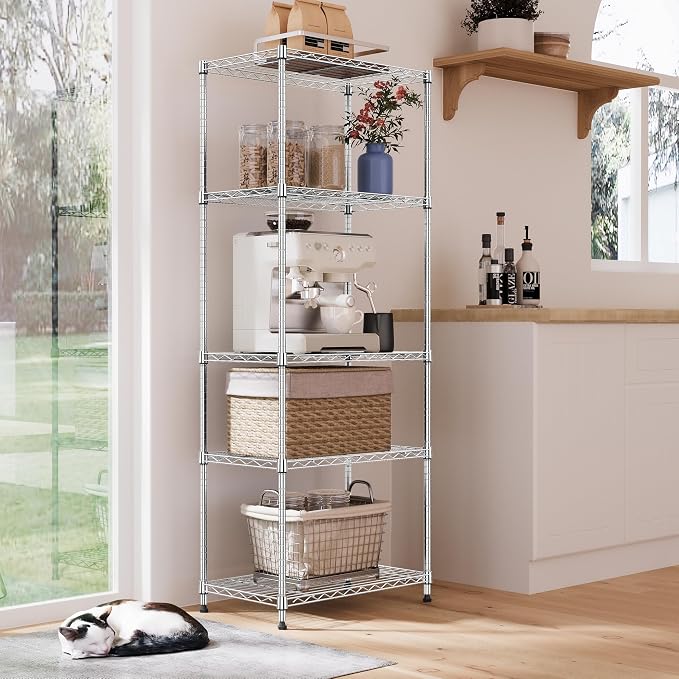 IZEUK 5-Tier Chrome Metal Storage Shelves, Adjustable Wire Shelving Unit for Kitchen, Bathroom, Pantry, Office, Garage, Organizer Wire Rack, 1250 lbs, 13.7" D x 23.6" W x 63" H