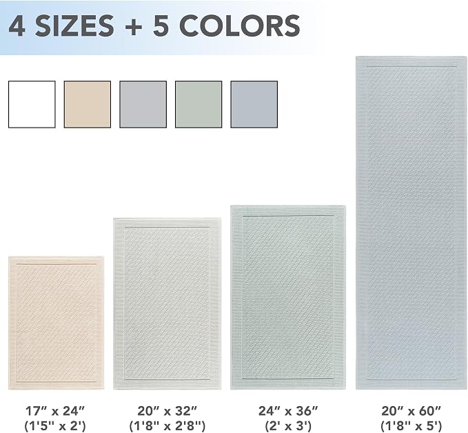 Arkwright 100% Cotton Bathroom Rug - High Absorbent Stylish Textured Woven Design Bath Mat, Slip Resistant Backing for Shower and Bathtub Floor, 20x60 in - Grey