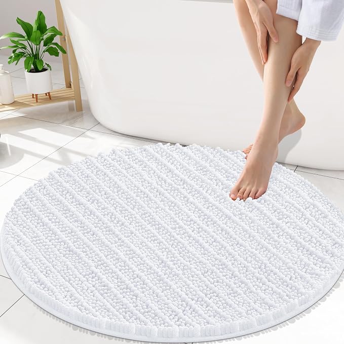 Smiry Bathroom Rugs Mat Round 30x30, Soft Absorbent Chenille Bath Rugs, Non Slip Rubber Backing Machine Washable Quick Dry Bath Mats for Bathroom Floor, Tub, Shower, Home Accessories, White