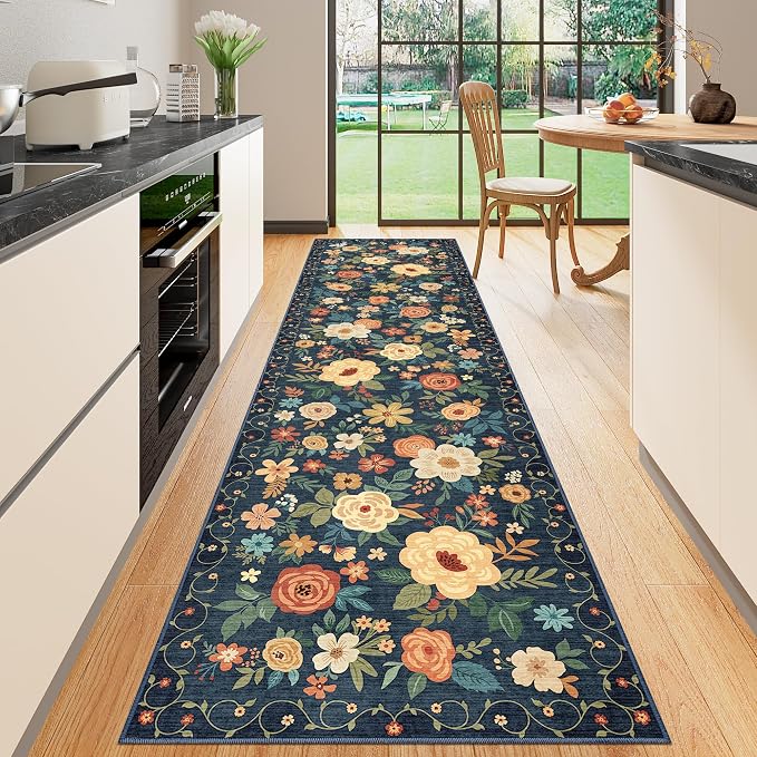 DUKINO Runner Rug for Hallway, 2.6x10 Washable Floral Long Kitchen Rug with Non Slip Backing, Lightweight & Stain Resistant Runners for Indoor Entrance, Laundry, Living Room, Bedroom, Navy Blue