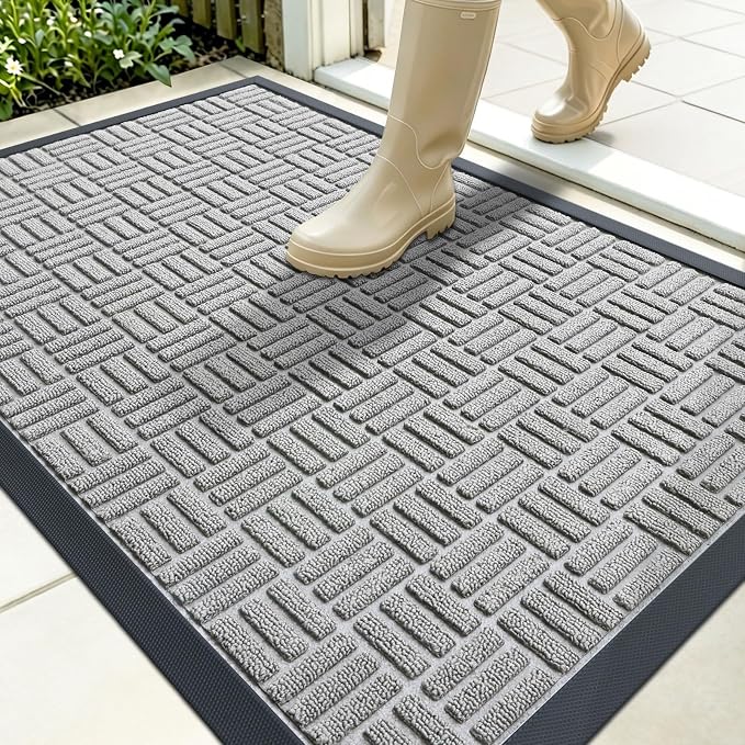 OLANLY Front Door Mat Outside Entrance 35x23, Absorbent, Heavy Duty Sturdy Natural Rubber Doormat Indoor Outdoor, Non-Slip, Stain and Fade Resistant, Low Profile Floor Mat for Entryway, Light Gray