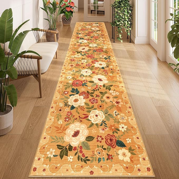 DUKINO 2.6x12 Kitchen Runner Rug, Lightweight Floral Washable Rug for Hallway, Boho Low Pile & Non Slip Backing Soft Floor Carpet for Entryway, Bedroom, Bathroom, Laundry, Orange