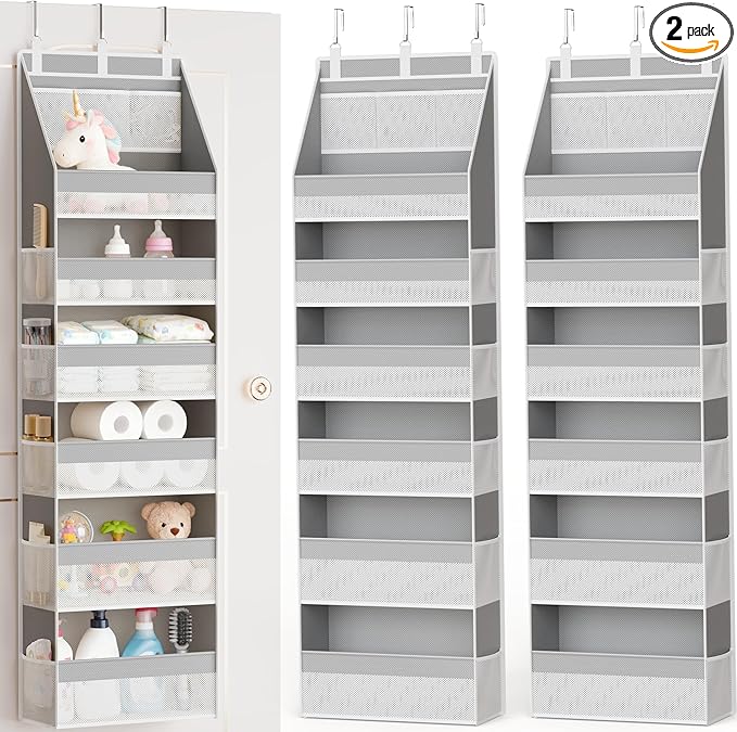 Criusia 2 Pack Over The Door Organizer, Heavy-Duty 6-Shelf Hanging Storage with 13 Mesh Pockets, 55lbs Capacity Behind The Door Storage for Nursery, Bathroom, Bedroom, and Dorm, Grey
