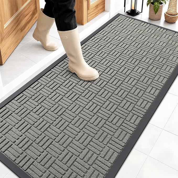 OLANLY Front Door Mat Outside Entrance 59x23, Absorbent, Heavy Duty Sturdy Natural Rubber Doormat Indoor Outdoor, Non-Slip, Stain and Fade Resistant, Low Profile Floor Mat for Entryway, Modern Gray