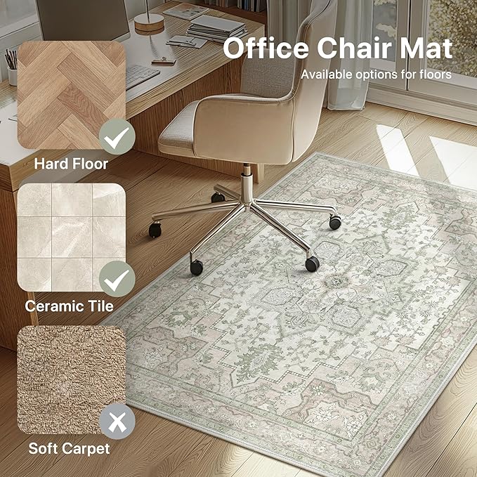 36"x48" Office Chair Mat for Hardwood Tile Floor, Under Desk Carpet Protector for Rolling Computer Chair Mat, Machine Washable Area Rug, Anti-Slip 1/5" Thick Low Pile Thin Vinyl Floor Mat, Mint