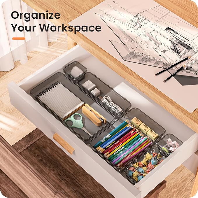 A-LuGei 【Military Grade Drawer Organizer, 【𝟱𝗦𝗶𝘇𝗲】 Makeup organizer, 【Holds 177 Items】 Bathroom Organizers and Storage, Organization and Storage, Desk Drawer Organizer for Vanity (Clear Black)