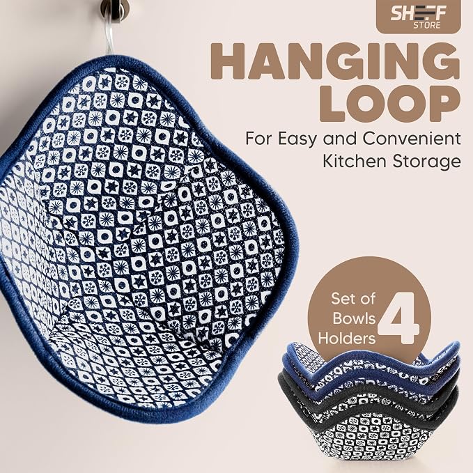 Sheff Microwave Bowl Cozy Holders Set of 4 - Durable and Reliable for Hot and Cold Plates and Dishes - Ideal Household Gift (2 Navy and 2 Black, 7 inch)