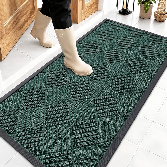 OLANLY Front Door Mat Outside Entrance 47x23, Absorbent, Heavy Duty Sturdy Natural Rubber Doormat Indoor Outdoor, Stain Fade Resistant, Non-Slip Low Profile Floor Mat for Entryway, Black Green Diamond