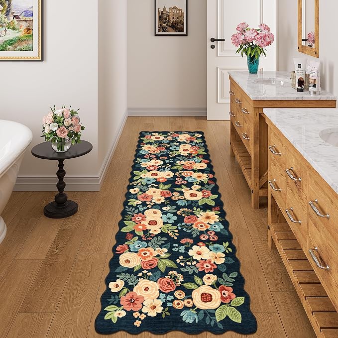 DUKINO Washable Runner Rug, 2x7 Lightweight Soft Floral Hallway Rug Runner with Low Pile Design, Non Shedding & Non Slip Backing Thin Indoor Carpet for Bedroom, Bathroom, Entrance, Kitchen, Navy Blue