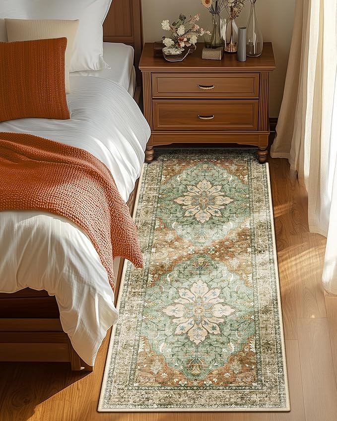 RELEANY Area Rugs Runner 2'x5' Washable Non-Slip, Floral Vintage Distress Medallion Carpet for Kitchen Hallway Bedroom Beside Laundry Room Bathroom, Terracotta Burnt Orange Green