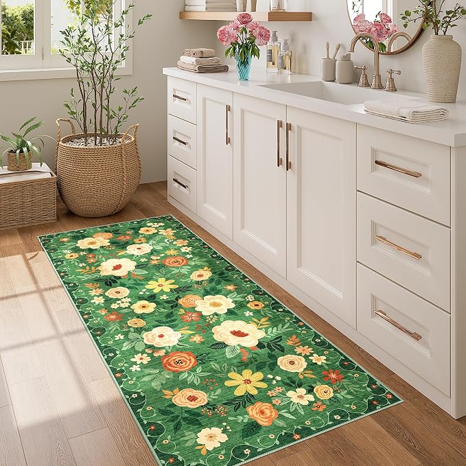 DUKINO 2x5 Runner Rug for Hallway, Washable Kitchen Floral Runner Rug with Non Slip Backing, Low Pile Soft Boho Carpet for Kitchen, Hallway, Entryway, Laundry, Bedroom, Dark Green