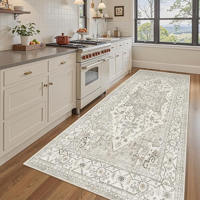 Madane Hallway Runner Rug 4x8 Wide: Washable Thin Runners for Hallways Entry, Non Slip Soft Vintage Kitchen Rugs Low Pile Carpet Runners for Living Room Bedroom Dining Room Foyer (Beige/Brown, 4x8)
