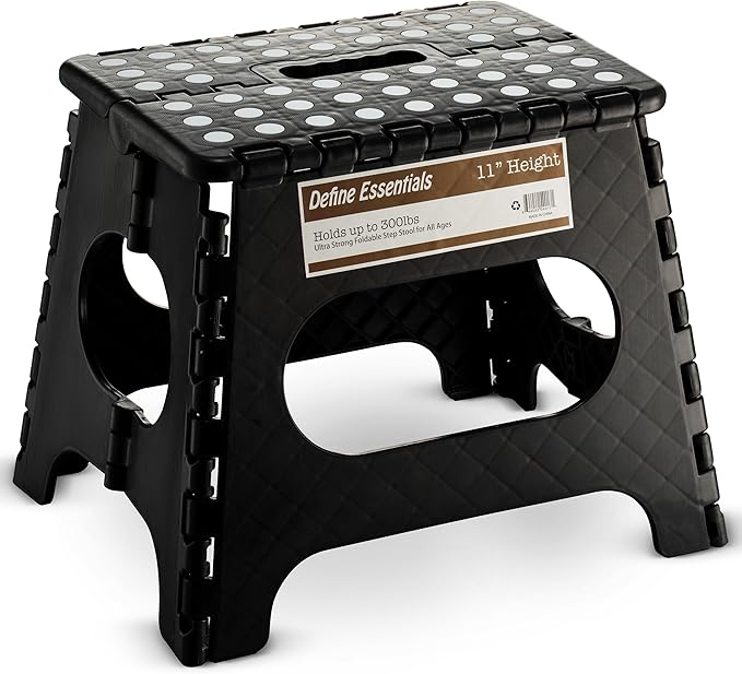 Folding Step Stool - 11" Hight - The Lightweight Step Stool is Sturdy Enough to Support Adults and Safe Enough for Kids. Opens Easy with One Flip. Great for Kitchen, Bathroom, Bedroom (Black)