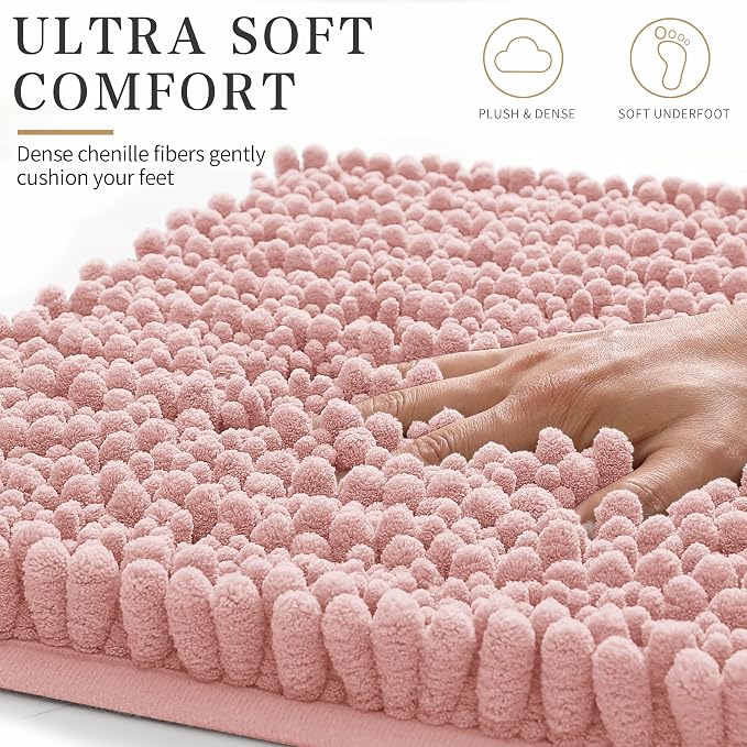 Yimobra Bathroom Rugs Non Slip Washable - Ultra Soft Absorbent Chenille Bath Mat, Quick Dry Shaggy Floor Carpet for Tub Shower, Light Pink Home Decor Accessories, 24x17 Inch