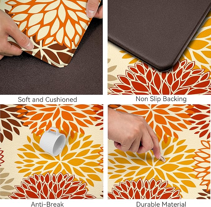 Orange Fall Kitchen Mats for Floor, Cushioned Anti Fatigue Memory Foam Kitchen Rugs Set of 2, Non Slip Waterproof Kitchen Runner Floor Mat, Comfort Standing Mat for Sink, Laundry, Autumn Home Decor