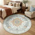 RELEANY Area Rugs Round 5ft Washable Non-Slip, Floral Vintage Distress Medallion Carpet for Living Room Bedroom Dining Room, Beige Carbon Grey Orange