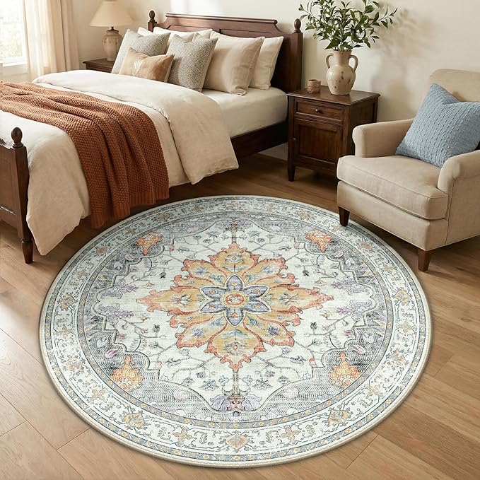 RELEANY Area Rugs Round 5ft Washable Non-Slip, Floral Vintage Distress Medallion Carpet for Living Room Bedroom Dining Room, Beige Carbon Grey Orange