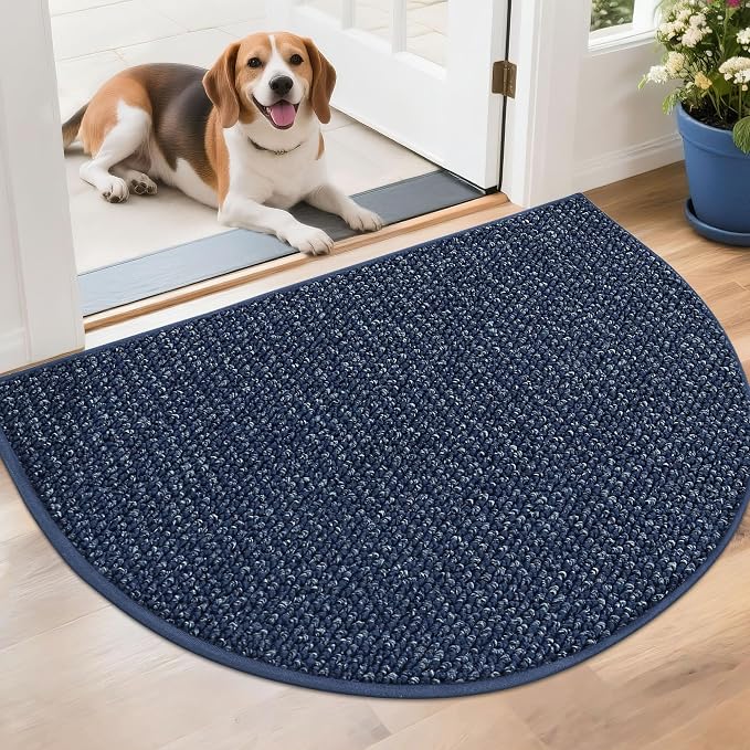 BEQHAUSE Dirt Trapper Door Mat 26" x 40" Half Circle Non-Slip Washable Doormats Entrance Rugs Absorbent Welcome Low Profile Floor Mats for Front Back Door and Entryway, Blue