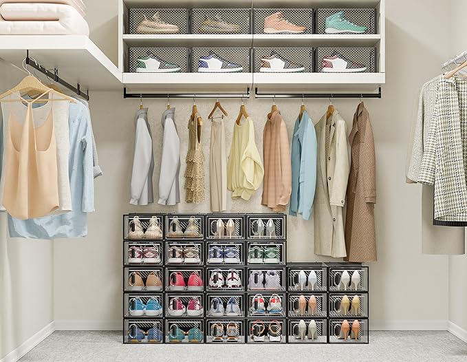 SIMPDIY Shoe Storage, 12 Pack Shoe Organizer for Closet, Shoe Boxes Clear Plastic Stackable Shoe Containers with Lids for Size 10, Black