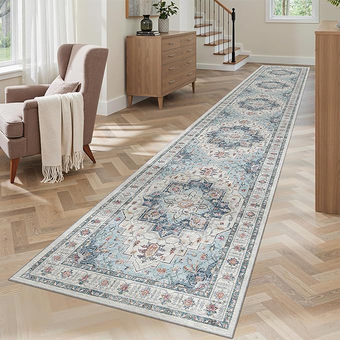 Madane Runner Rugs for Hallway 2x10 Long Washable Non-Slip Hallway Runner Rug Low-Pile Stair Kitchen Runner Throw Carpet for Entrance Living Dining Laundry Room (Blue, 2 x 10)