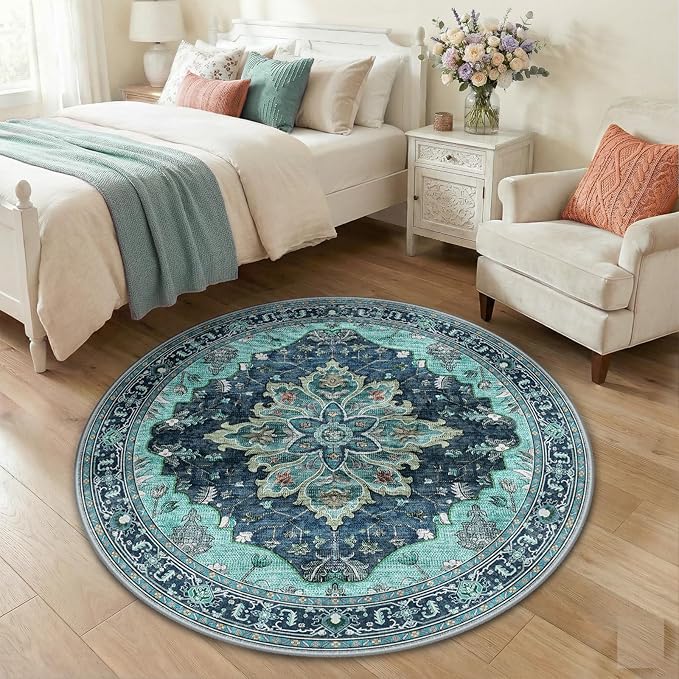 RELEANY Area Rugs Round 4ft Washable Non-Slip, Floral Vintage Distress Medallion Carpet for Living Room Bedroom Dining Room, Teal Green Lake Blue Turquoise