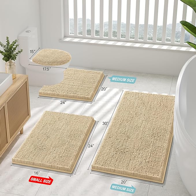 Smiry Luxury Chenille Toilet Rugs U-Shaped 24x20, Soft Absorbent Non-Slip Contour Bathroom Rugs for Toilet, Machine Washable Contoured Bath Mats, Beige