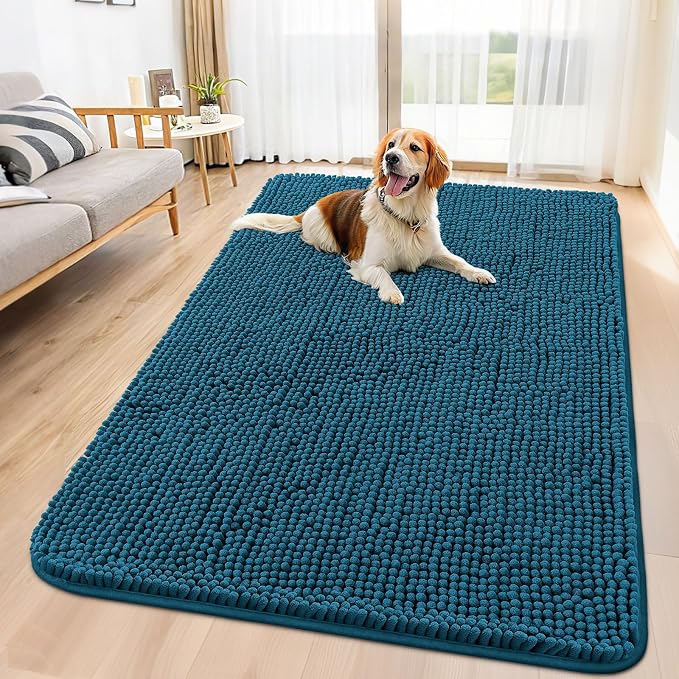 Smiry Dog Door Mat for Muddy Paws 59x35, Absorbent Dirt Trapper, Non-Slip Washable Chenille Entryway Rug for Inside Floor, Atlantic Blue, Classic Solid